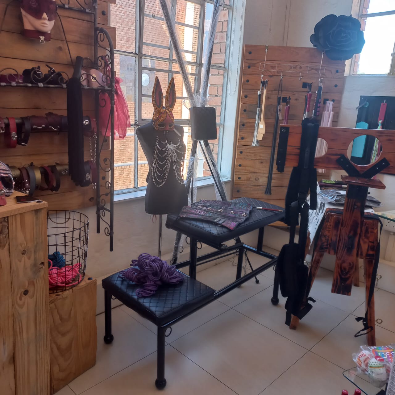 Custom steel standard spanking bench on display at Play With Me showroom by Fetish Fabrications South Africa
