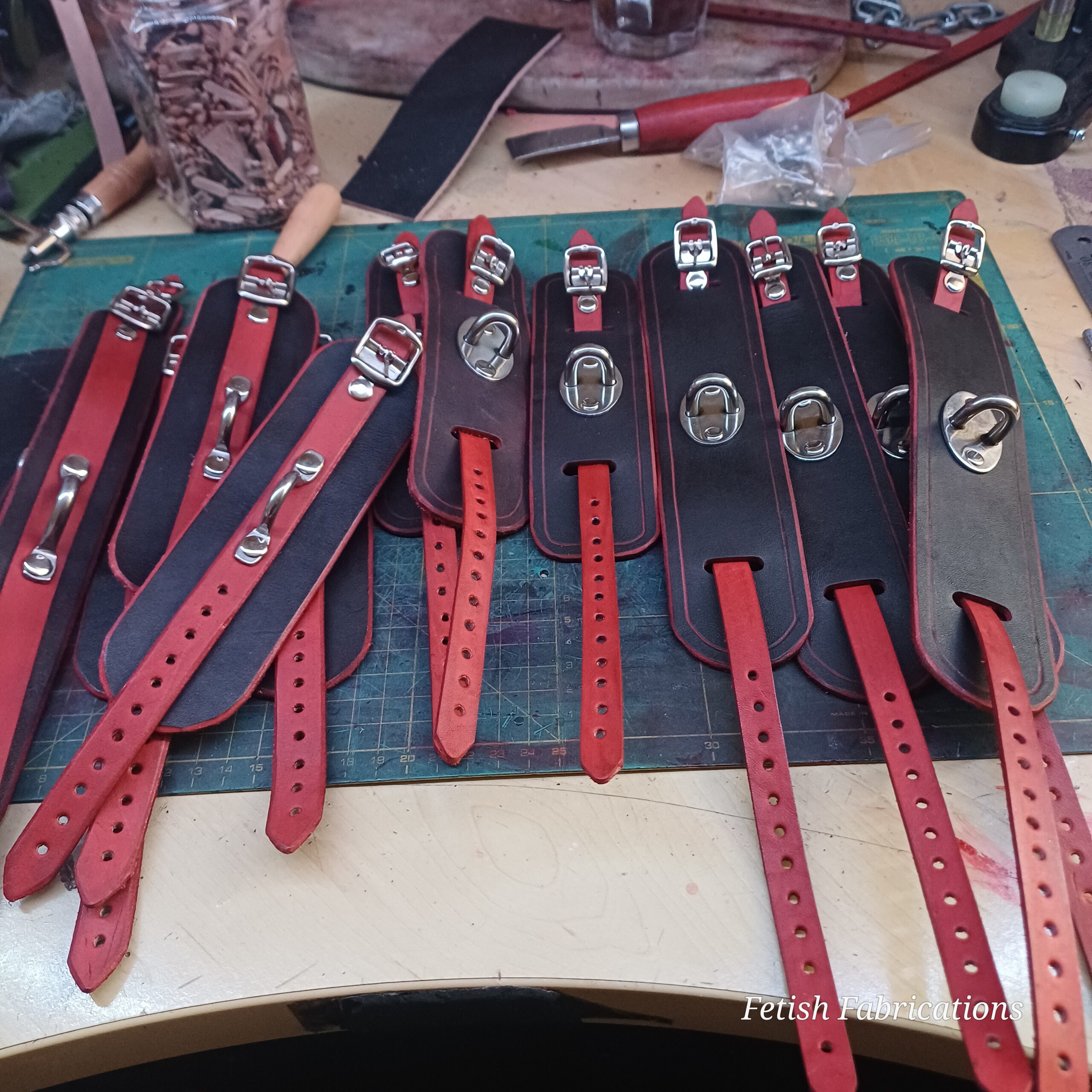 Handmade leather gear South Africa — cuff sets ready to ship from Fetish Fabrications Krugersdorp
