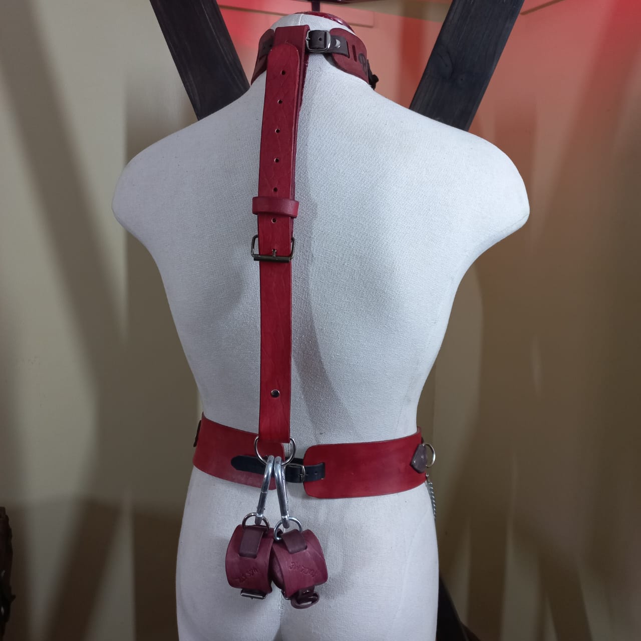 Leather back restraint connecting collar and cuffs — Fetish Fabrications
