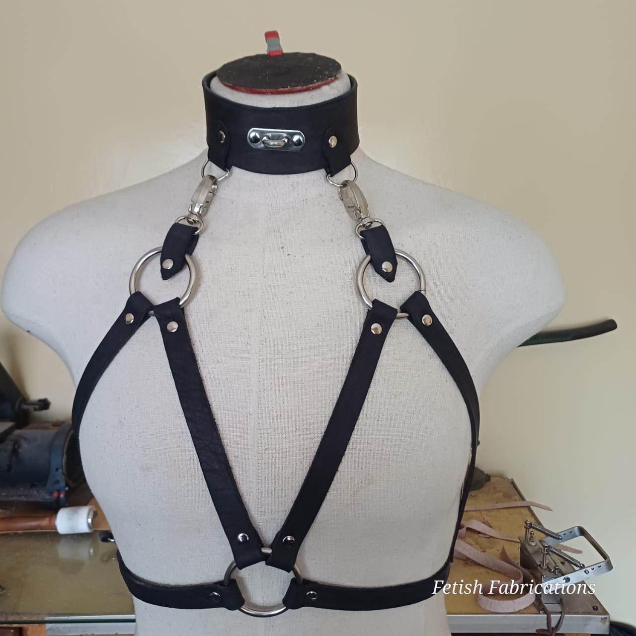 Female leather chest harness on mannequin — Fetish Fabrications South Africa