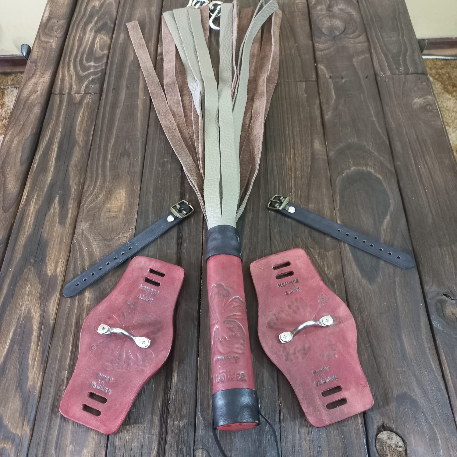 Leather flogger with matching cuffs set — Fetish Fabrications South Africa