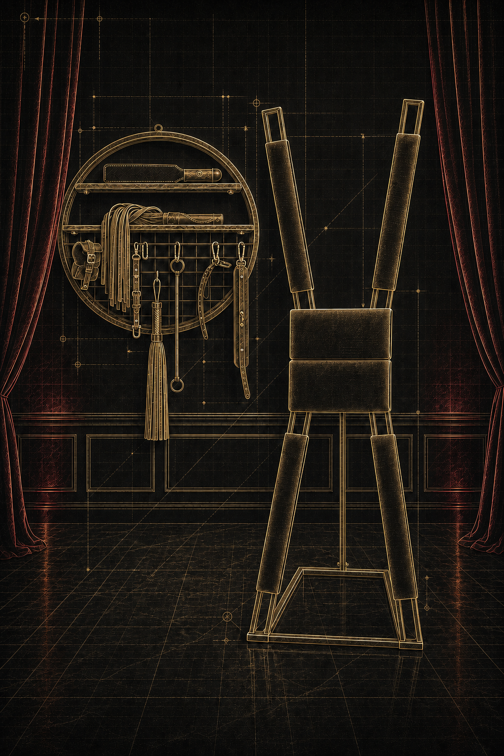 Blueprint-style illustration of a wall-mounted leather gear display and steel cross frame in a discreet private playroom